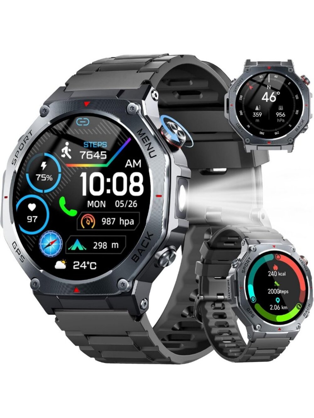 Military Smart Watch for Men, GPS Tracking, LED Flashlight, Fitness Tracker